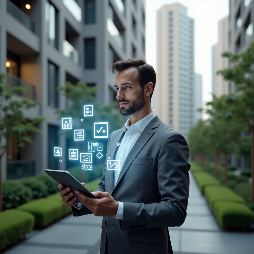(Ultra-realistic property manager in a charcoal gray suit, set in a modern luxury condominium environment with high-rise buildings and lush green landscaping, mid shot holding a digital tablet projecting holographic rule icons and checklists symbolizing an efficient internal regulation, confident and thoughtful expression, subtle floating holograms of chat bubbles and mediation symbols around, cinematic lighting, shallow depth of field, highly detailed textures, realistic skin, photographic realism, 8k resolution --ar 1:1 --v 6)