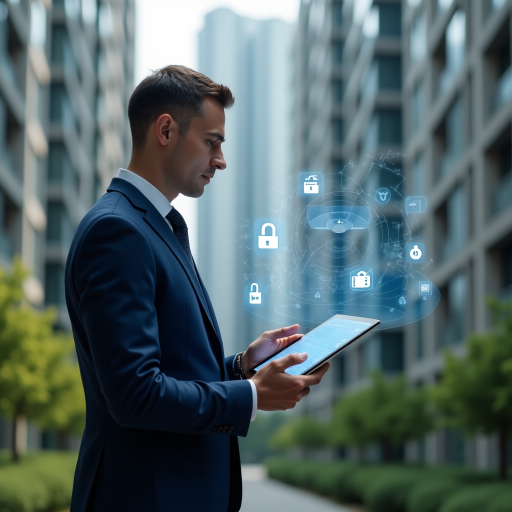 Ultra-realistic condominium manager in a navy blue suit, set in a modern luxury condominium environment with high-rise buildings and lush green landscaping, holding a tablet displaying a holographic security dashboard, confidently analyzing access logs and camera feeds, floating icons of padlocks and surveillance cameras around them, cinematic lighting, shallow depth of field, highly detailed textures, realistic skin, photographic realism, 8k resolution --ar 1:1 --v 6
