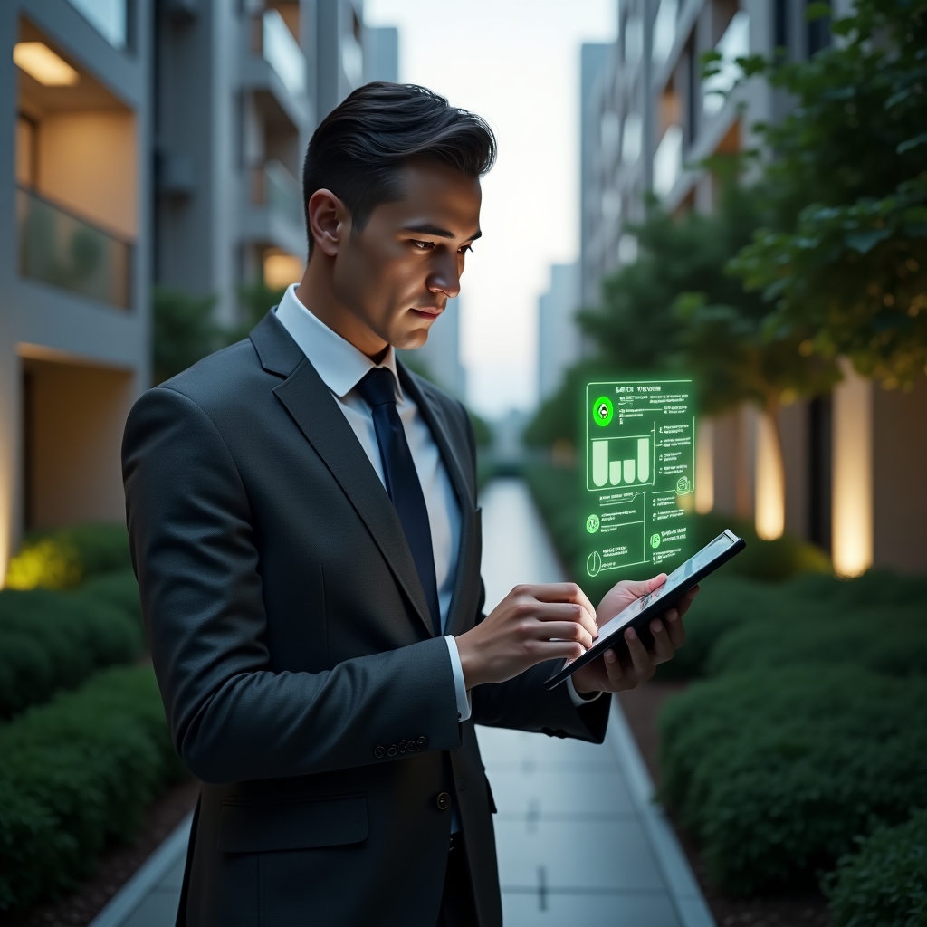 (Ultra-realistic property manager in a dark gray business suit, set in a modern luxury condominium environment with high-rise buildings and lush green landscaping, inspecting a gas pipeline connection while holding a tablet displaying a holographic gas safety diagram with green check marks, confident and focused expression, cinematic lighting, shallow depth of field, highly detailed textures, realistic skin, photographic realism, 8k resolution --ar 1:1 --v 6)