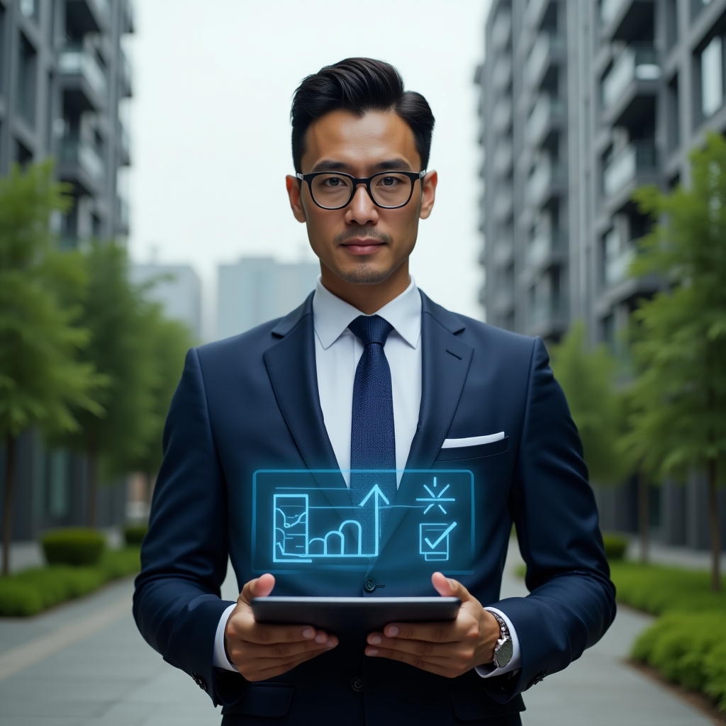 Ultra-realistic condominium manager in a tailored navy-blue suit, set in a modern luxury condominium environment with high-rise buildings and lush green landscaping, holding a tablet displaying a holographic agenda and digital voting icons, confident and focused expression, cinematic lighting, shallow depth of field, highly detailed textures, realistic skin, photographic realism, 8k resolution --ar 1:1 --v 6