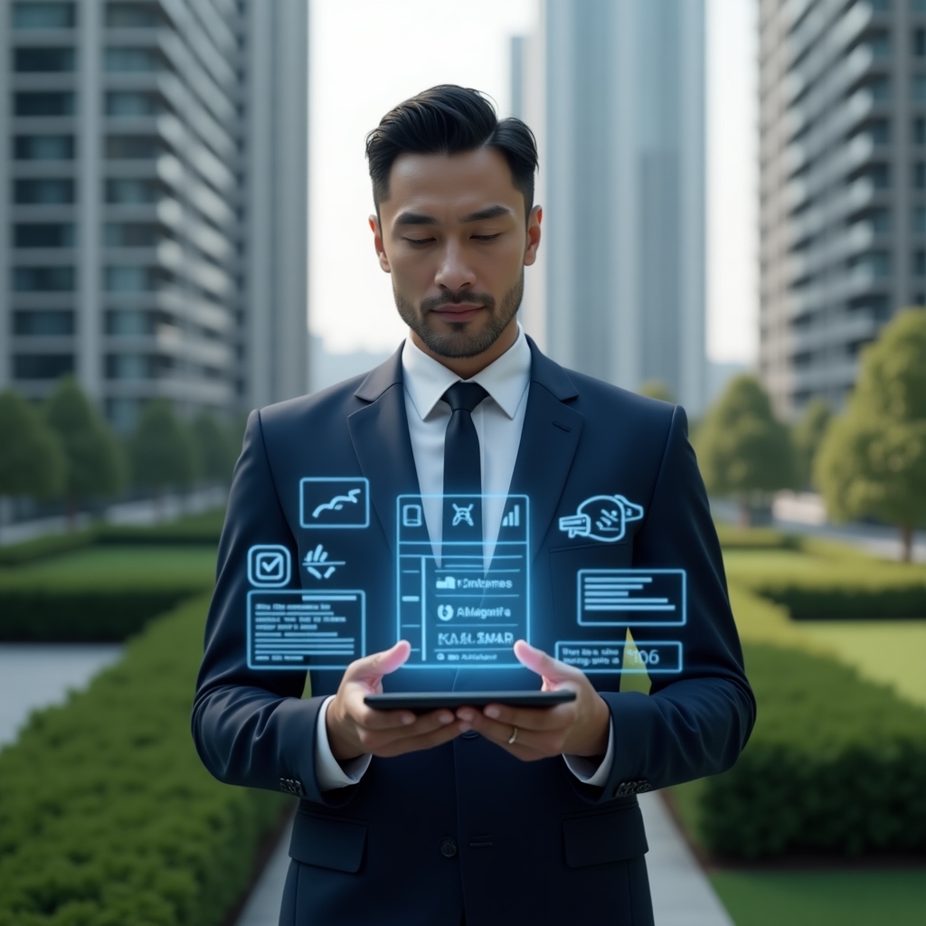 (Ultra-realistic condominium manager in a navy blue tailored suit, set in a modern luxury condominium environment with high-rise residential towers and manicured green landscaping, medium shot with focus on the manager holding a transparent holographic tablet displaying checklists and app icons, floating UI elements symbolizing communication, finance and maintenance, confident and thoughtful expression, cinematic lighting, shallow depth of field, highly detailed textures, realistic skin, photographic realism, 8k resolution --ar 1:1 --v 6)
