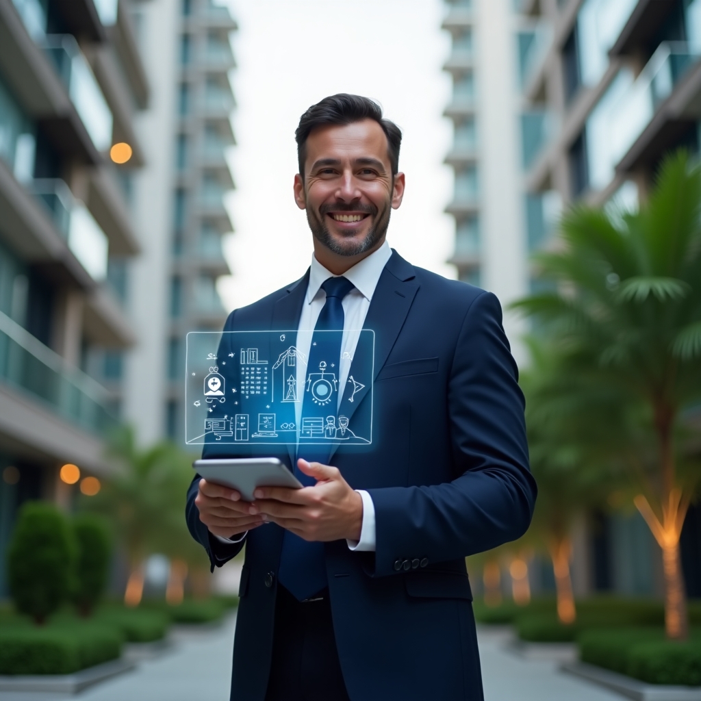 Ultra-realistic condominium manager in a navy blue suit, set in a modern luxury condominium environment with high-rise glass buildings and lush green landscaping, holding a digital tablet displaying holographic **app** icons and engagement charts, confident and approachable expression, cinematic lighting, shallow depth of field, highly detailed textures, photographic realism, 8k resolution --ar 1:1 --v 6