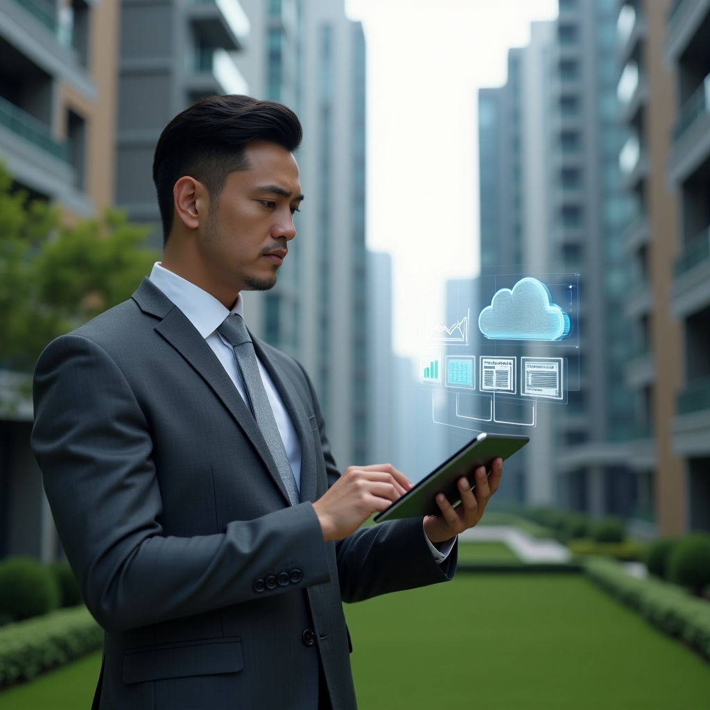 Ultra-realistic condominium manager in a charcoal grey suit, set in a modern luxury condominium environment with high-rise buildings and manicured green landscaping, holding a tablet and interacting with holographic graphs and floating document icons symbolizing cloud storage and automated billing, conveying confidence and innovation, cinematic lighting, shallow depth of field, highly detailed textures, realistic skin, photographic realism, 8k resolution --ar 1:1 --v 6