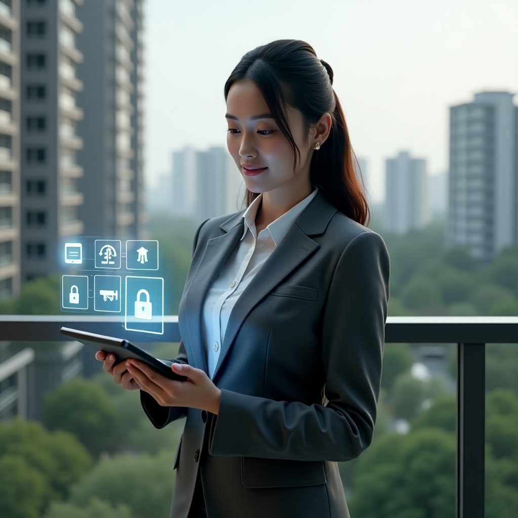 (Ultra-realistic condominium security manager in a charcoal gray tailored suit, standing on a balcony overlooking a modern luxury condominium environment with high-rise buildings and lush green landscaping, holding a tablet displaying holographic security camera feeds and access control icons, confident and focused expression, floating holographic camera and lock symbols beside her, cinematic lighting, shallow depth of field, highly detailed textures, realistic skin, photographic realism, 8k resolution --ar 1:1 --v 6)