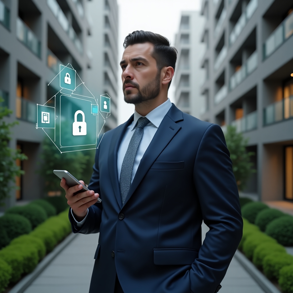 Ultra-realistic condominium manager in a sharp navy suit, set in a modern luxury condominium environment with high-rise buildings and lush green landscaping, holding a smartphone and interacting with floating holographic padlock and door access icons to grant entry remotely, confident and focused expression, cinematic lighting, shallow depth of field, highly detailed textures, realistic skin, photographic realism, 8k resolution --ar 1:1 --v 6
