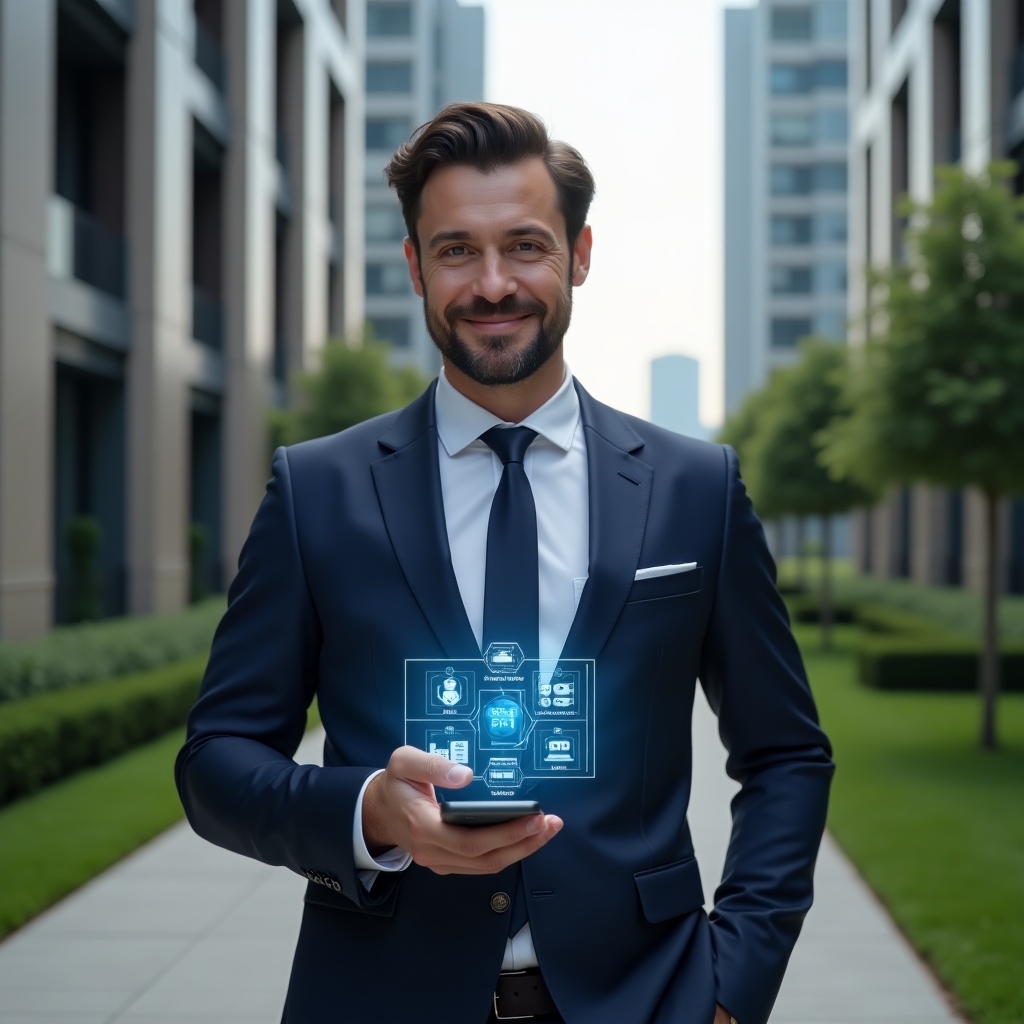 (Ultra-realistic condominium manager in a tailored navy suit, set in a modern luxury condominium environment with high-rise buildings and manicured green landscaping, confidently holding a smartphone projecting a holographic dashboard of building automation systems with icons for security, energy and reservations, cinematic lighting, shallow depth of field, highly detailed textures, realistic skin, photographic realism, 8k resolution --ar 1:1 --v 6)