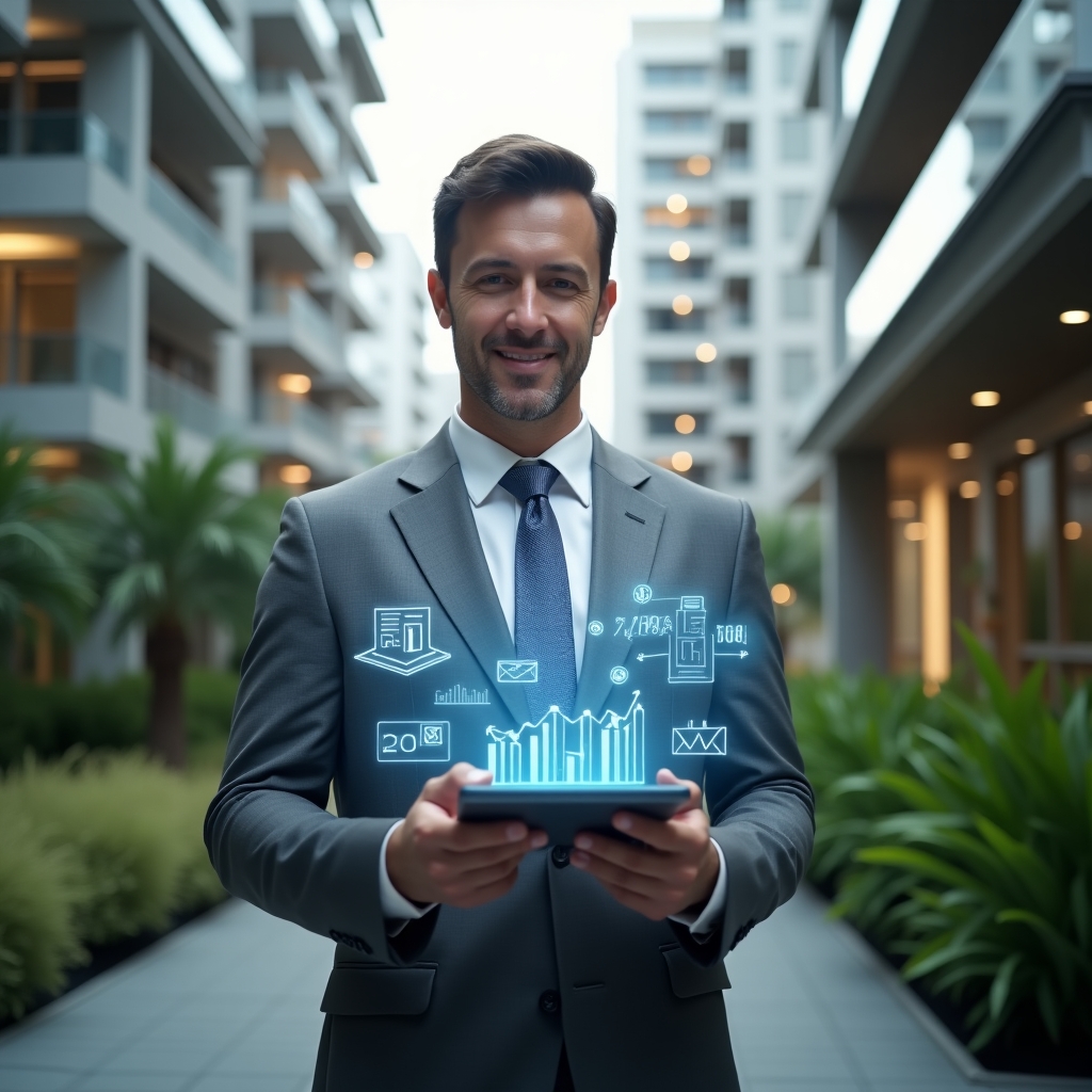(Ultra-realistic condominium manager in a tailored gray suit, set in a modern luxury condominium environment with high-rise buildings and lush green landscaping, mid shot of a confident professional holding a tablet projecting holographic financial charts and transparent ledger icons symbolizing trust and harmony, cinematic lighting, shallow depth of field, highly detailed textures, realistic skin, photographic realism, 8k resolution --ar 1:1 --v 6)