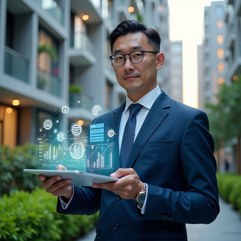 (Ultra-realistic condominium manager in a navy-blue tailored suit, set in a modern luxury condominium environment with high-rise buildings and lush green landscaping, confidently holding a transparent tablet projecting holographic financial charts and document icons symbolizing seamless billing and reporting, expression focused and trustworthy, cinematic lighting, shallow depth of field, highly detailed textures, realistic skin, photographic realism, 8k resolution --ar 1:1 --v 6)