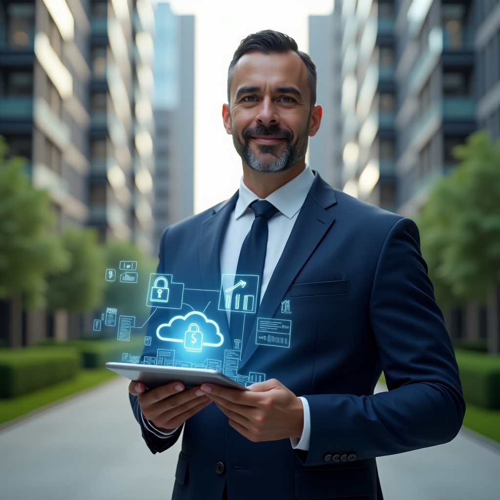 (Ultra-realistic condominium manager in a navy blue business suit, set in a modern luxury condominium environment with high-rise buildings and manicured green landscaping, holding a transparent tablet displaying holographic financial graphs and reports, floating icons of cloud storage and security padlock symbolizing online transparency, confident and focused expression, cinematic lighting, shallow depth of field, highly detailed textures, realistic skin, photographic realism, 8k resolution --ar 1:1 --v 6)