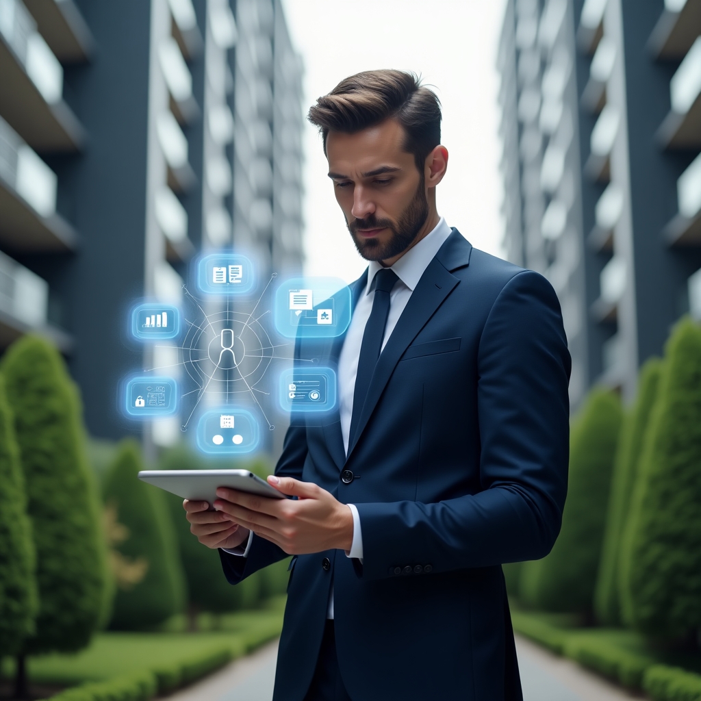 (Ultra-realistic condominium manager in a tailored navy blue suit, set in a modern luxury condominium environment with high-rise buildings and well-manicured green landscaping, holding a sleek tablet with holographic icons of chat bubbles, security locks, calendars and financial charts floating above it, confident and focused expression, cinematic lighting, shallow depth of field, highly detailed textures, realistic skin, photographic realism, 8k resolution --ar 1:1 --v 6)