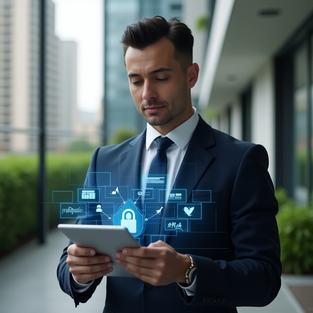 (Ultra-realistic condominium manager in a tailored navy-blue suit, set in a modern luxury condominium environment with high-rise buildings and manicured green landscaping, interacting with a holographic tablet interface displaying icons for chat, calendar, security lock, financial graphs and visitor access, confident and focused expression, cinematic lighting, shallow depth of field, highly detailed textures, realistic skin, photographic realism, 8k resolution --ar 1:1 --v 6)