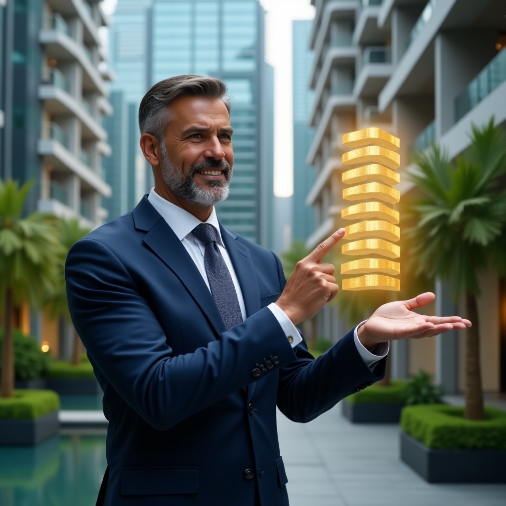 Ultra-realistic condominium property manager in a tailored navy blue suit, medium shot, set in a modern luxury condominium environment with high-rise glass buildings and lush green landscaping, confidently holding and pointing at a floating holographic checklist of 10 golden tablets representing the ten commandments of successful condominium management, cinematic lighting, shallow depth of field, highly detailed textures, realistic skin, photographic realism, 8k resolution --ar 1:1 --v 6