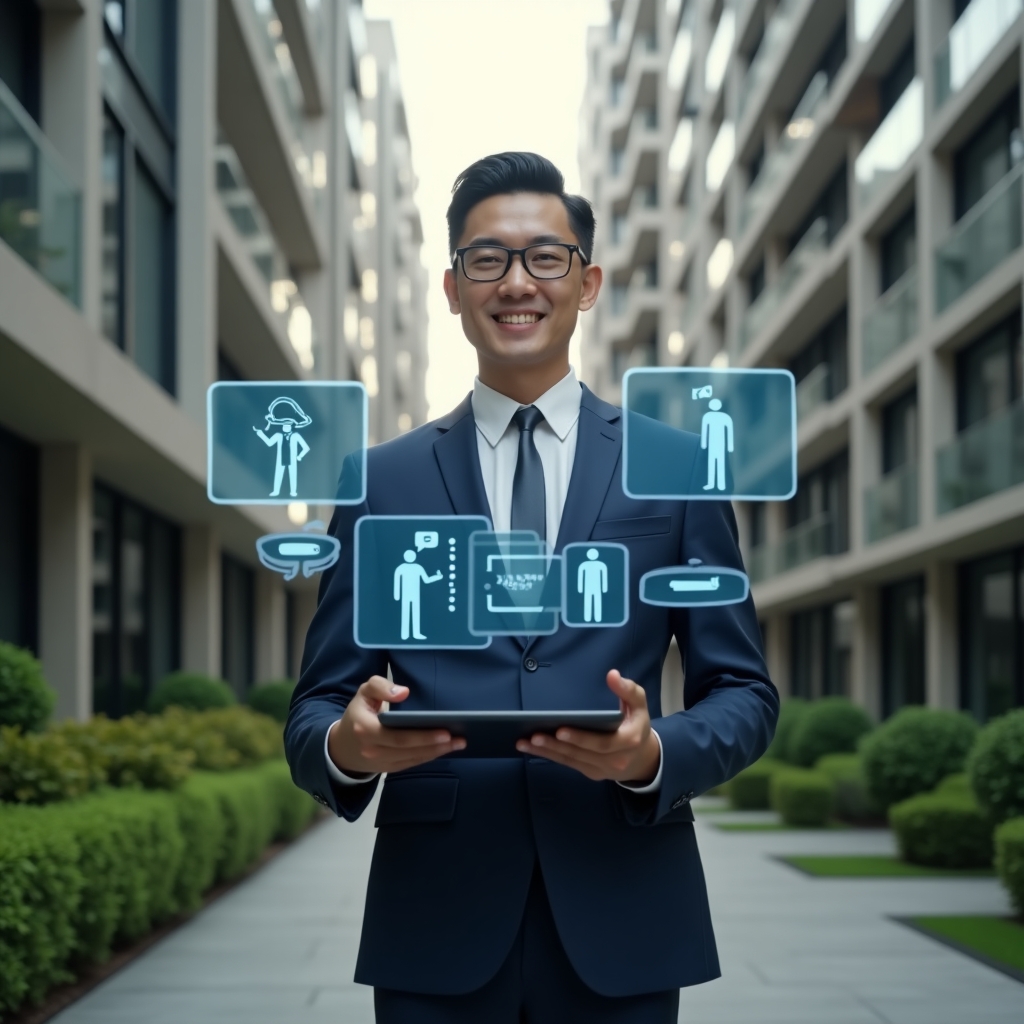 (Ultra-realistic condominium manager in a navy suit, set in a modern luxury condominium environment with high-rise buildings and manicured green landscaping, medium shot of the manager holding a tablet and presenting holographic golden rule icons—silence, handshake, checklist—demonstrating guidelines for harmonious living with a confident, welcoming expression, cinematic lighting, shallow depth of field, highly detailed textures, realistic skin, photographic realism, 8k resolution --ar 1:1 --v 6)
