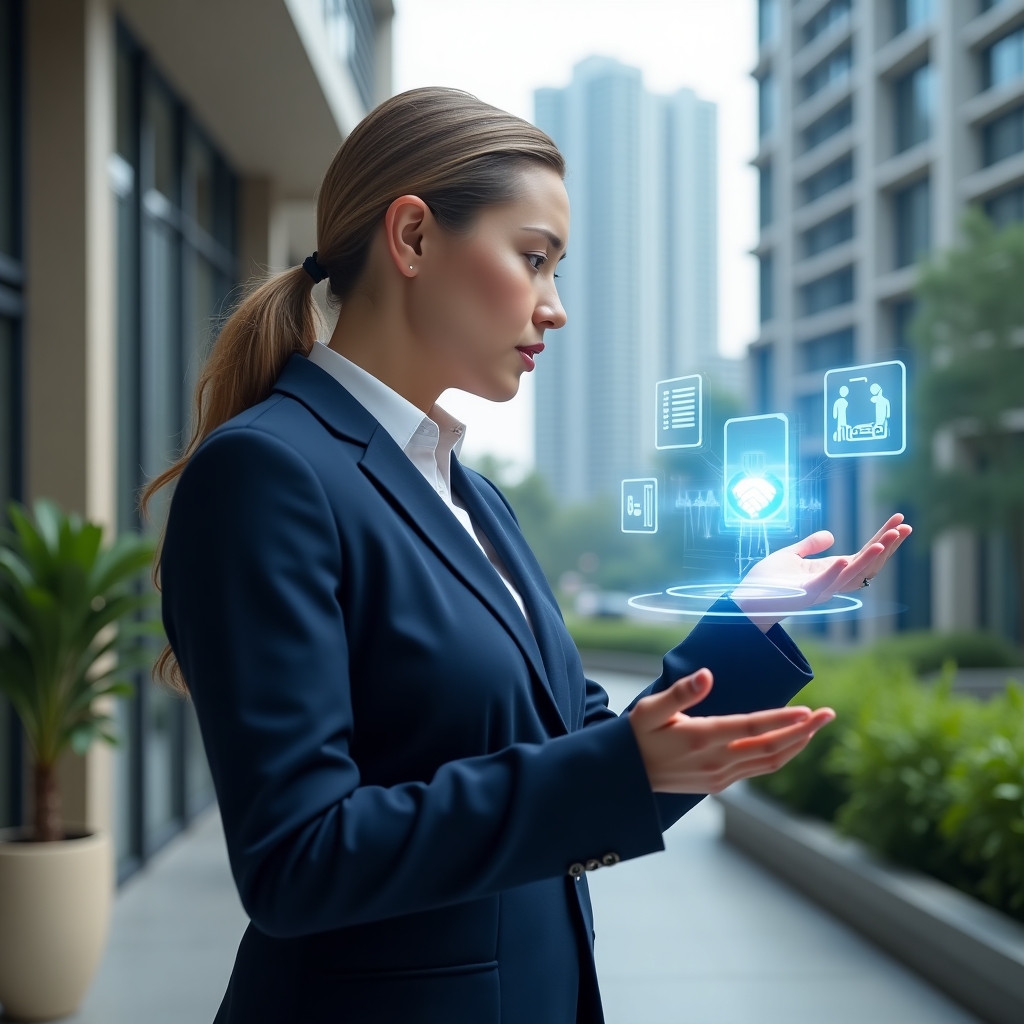 (Ultra-realistic condominium manager in a navy blue suit, set in a modern luxury condominium environment with high-rise buildings and green landscaping, welcoming residents with open hands while reviewing community guidelines on a holographic display, floating chat bubble and handshake icons symbolizing clear communication and harmony, cinematic lighting, shallow depth of field, highly detailed textures, realistic skin, photographic realism, 8k resolution --ar 1:1 --v 6)