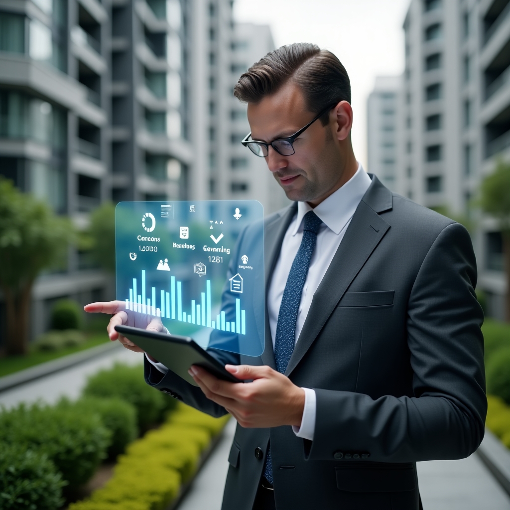Ultra-realistic condo manager in a charcoal gray suit, set in a modern luxury condominium environment with high-rise buildings and manicured green landscaping, medium shot of a confident manager reviewing digital budget charts on a tablet, holographic icons of cost savings and task lists floating nearby, cinematic lighting, shallow depth of field, highly detailed textures, realistic skin, photographic realism, 8k resolution --ar 1:1 --v 6
