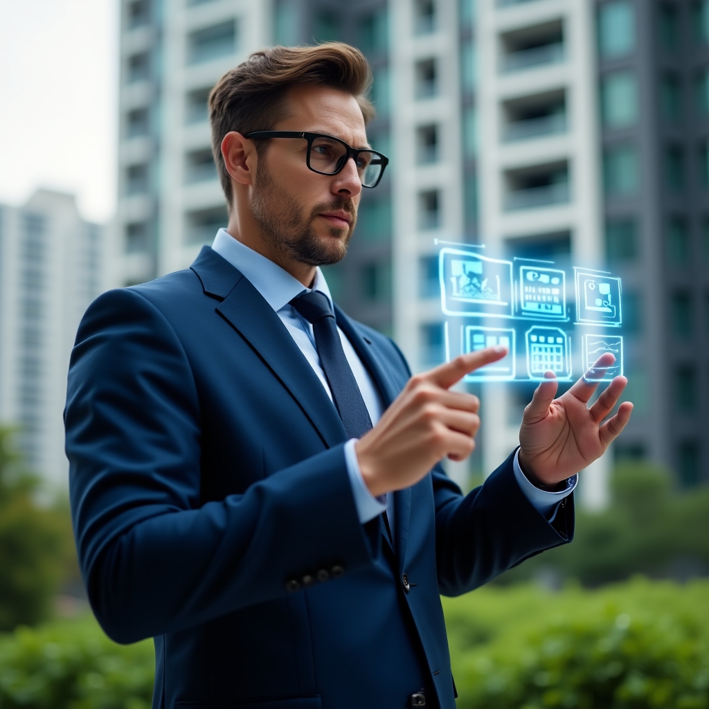 (Ultra-realistic condominium manager in a tailored navy blue suit, set in a modern luxury condominium environment with high-rise buildings and lush green landscaping, medium shot close-up of a confident professional interacting with a floating holographic condo management app dashboard displaying icons for finances, communication, maintenance scheduling and access control, cinematic lighting, shallow depth of field, highly detailed textures, realistic skin, photographic realism, 8k resolution --ar 1:1 --v 6)