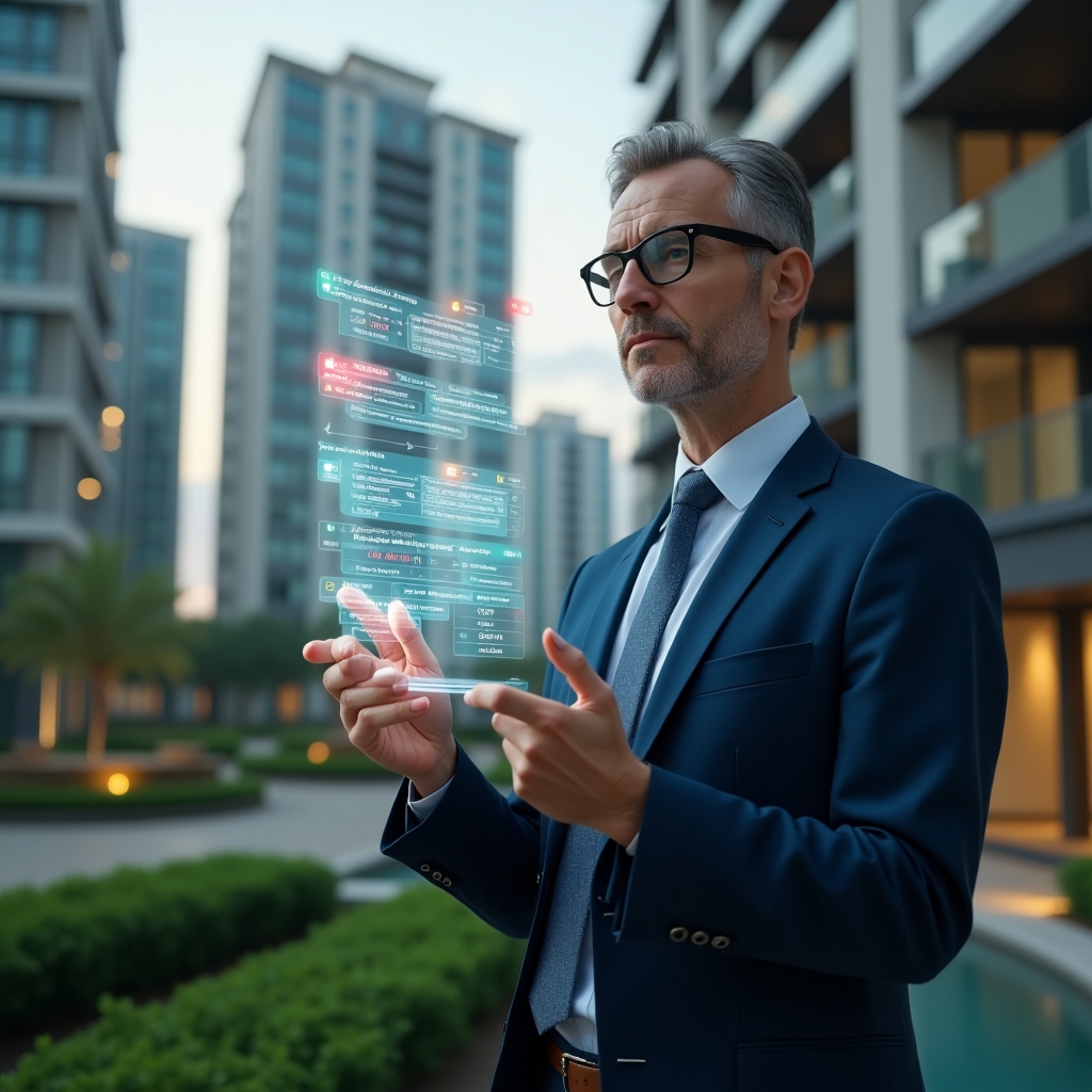 Ultra-realistic condominium manager in a tailored navy blue suit, set in a modern luxury condominium environment with high-rise buildings and manicured green landscaping, examining a floating holographic financial report with red warning icons and green checkmarks, pointing at highlighted errors confidently, serious and analytical expression, cinematic lighting, shallow depth of field, highly detailed textures, realistic skin, photographic realism, 8k resolution --ar 1:1 --v 6