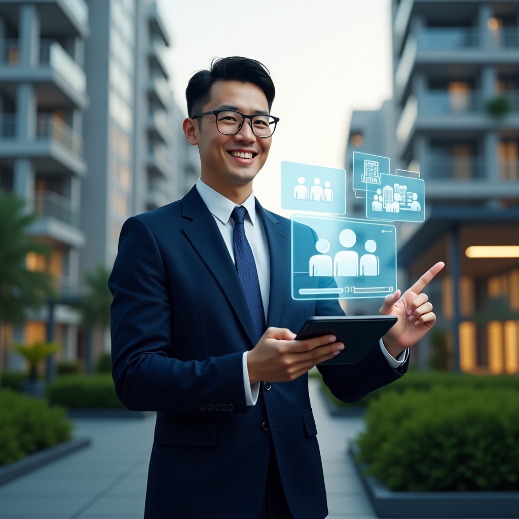 (Ultra-realistic condominium manager in a navy blue suit, set in a modern luxury condominium environment with high-rise buildings and green landscaping, holding a tablet displaying a condominium management app interface and pointing towards floating holographic icons of community collaboration and group chat, confident and inspiring expression, cinematic lighting, shallow depth of field, highly detailed textures, realistic skin, photographic realism, 8k resolution --ar 1:1 --v 6)
