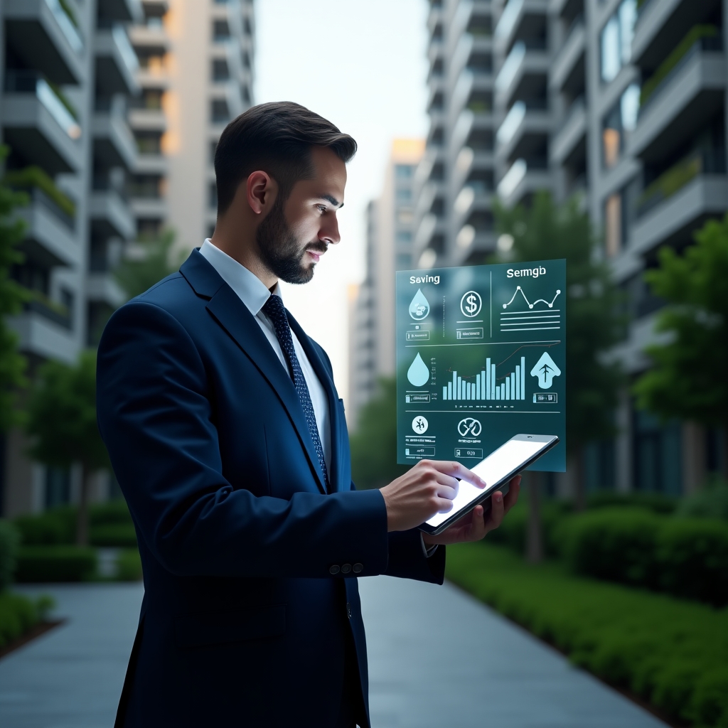 (Ultra-realistic condominium manager in a navy blue executive suit, set in a modern luxury condominium environment with high-rise buildings and meticulously maintained green landscaping, confidently analyzing a holographic dashboard displaying cost-saving graphs and icons (water droplet, electricity bolt, leaf, currency symbols), tapping a tablet with purposeful expression, cinematic lighting, shallow depth of field, highly detailed textures, realistic skin, photographic realism, 8k resolution --ar 1:1 --v 6)