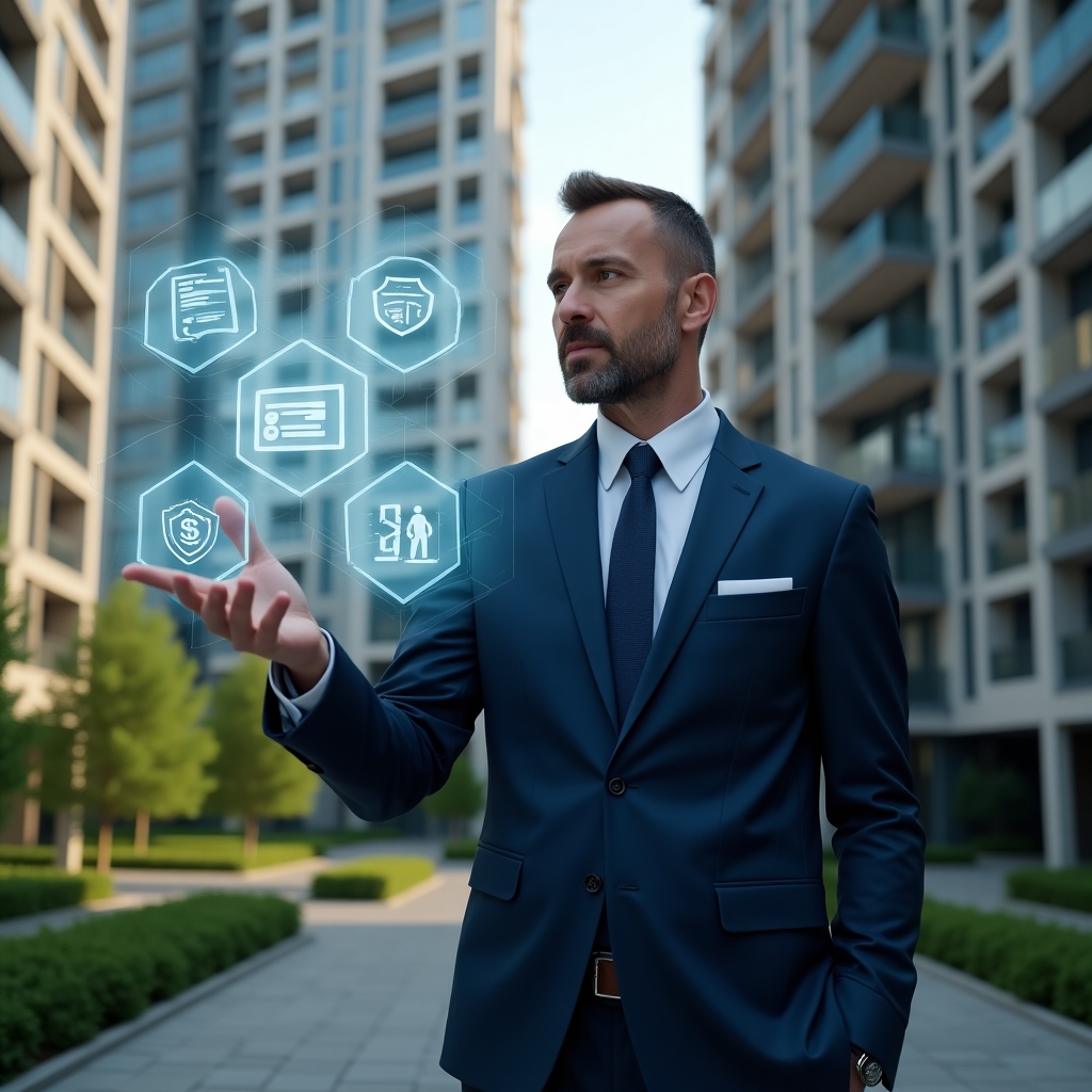 Ultra-realistic property manager in a navy blue suit, set in a modern luxury condominium environment with high-rise buildings and green landscaping, confidently interacting with a floating holographic interface displaying icons for billing, chat, analytics and security, cinematic lighting, shallow depth of field, highly detailed textures, realistic skin, photographic realism, 8k resolution --ar 1:1 --v 6