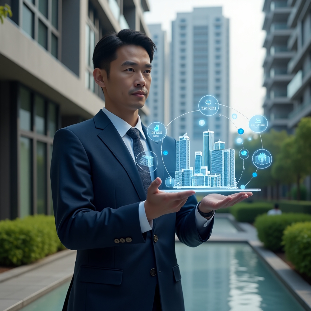 (Ultra-realistic condominium manager in a navy blue suit, set in a modern luxury condominium environment with high-rise buildings and manicured green landscaping, mid shot with the manager confidently presenting a holographic budget proposal chart displaying project costs and timelines, floating holographic icons of building structures and financial graphs around them, cinematic lighting, shallow depth of field, highly detailed textures, realistic skin, photographic realism, 8k resolution --ar 1:1 --v 6)