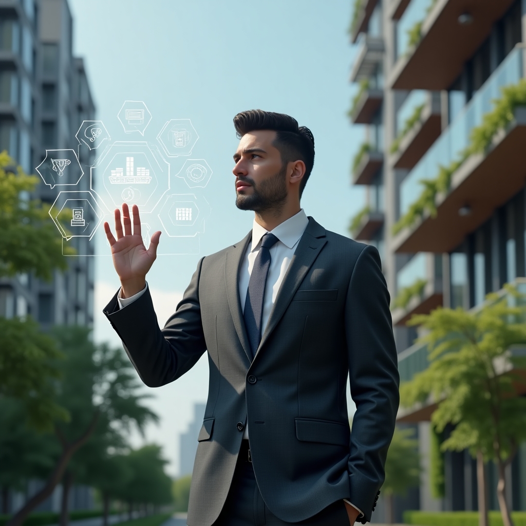 (Ultra-realistic condominium manager in a charcoal gray executive suit, set in a modern luxury condominium environment with high-rise buildings and lush green landscaping, interacting with a floating holographic interface displaying icons for communication bubbles, calendar scheduling and financial charts, confident and focused expression, cinematic lighting, shallow depth of field, highly detailed textures, realistic skin, photographic realism, 8k resolution --ar 1:1 --v 6)
