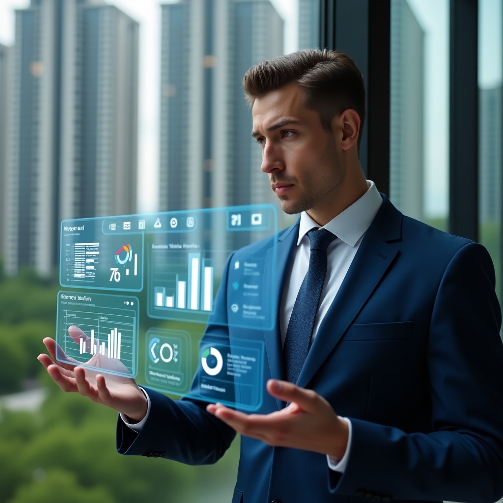 (Ultra-realistic condominium manager in a navy blue modern suit, set in a modern luxury condominium environment with high-rise buildings and green landscaping, analyzing a floating holographic dashboard displaying financial charts, maintenance schedules and notification icons, confident and focused expression, 3D holographic icons representing finances, communication and maintenance, cinematic lighting, shallow depth of field, highly detailed textures, realistic skin, photographic realism, 8k resolution --ar 1:1 --v 6)