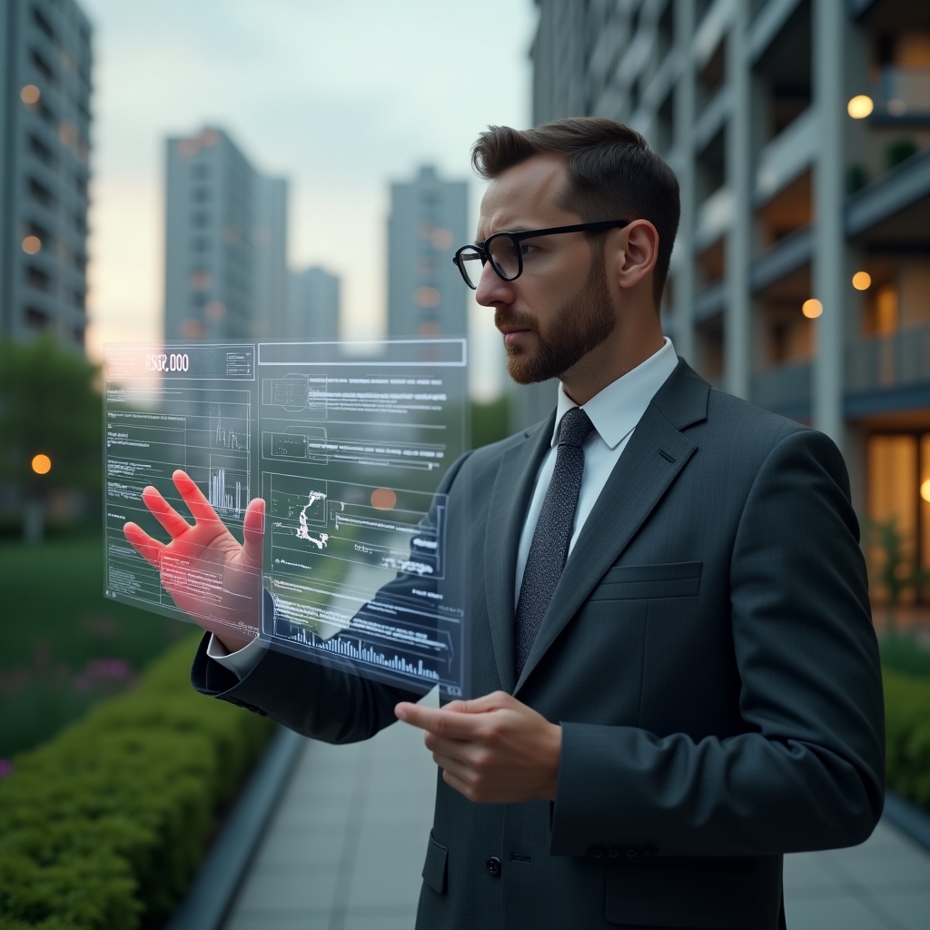 Ultra-realistic condominium manager in a charcoal gray tailored suit, set in a modern luxury condominium environment with high-rise buildings and lush green landscaping, analyzing a holographic financial dashboard displaying expense charts and red warning icons with a focused, concerned expression, cinematic lighting, shallow depth of field, highly detailed textures, realistic skin, photographic realism, 8k resolution --ar 1:1 --v 6