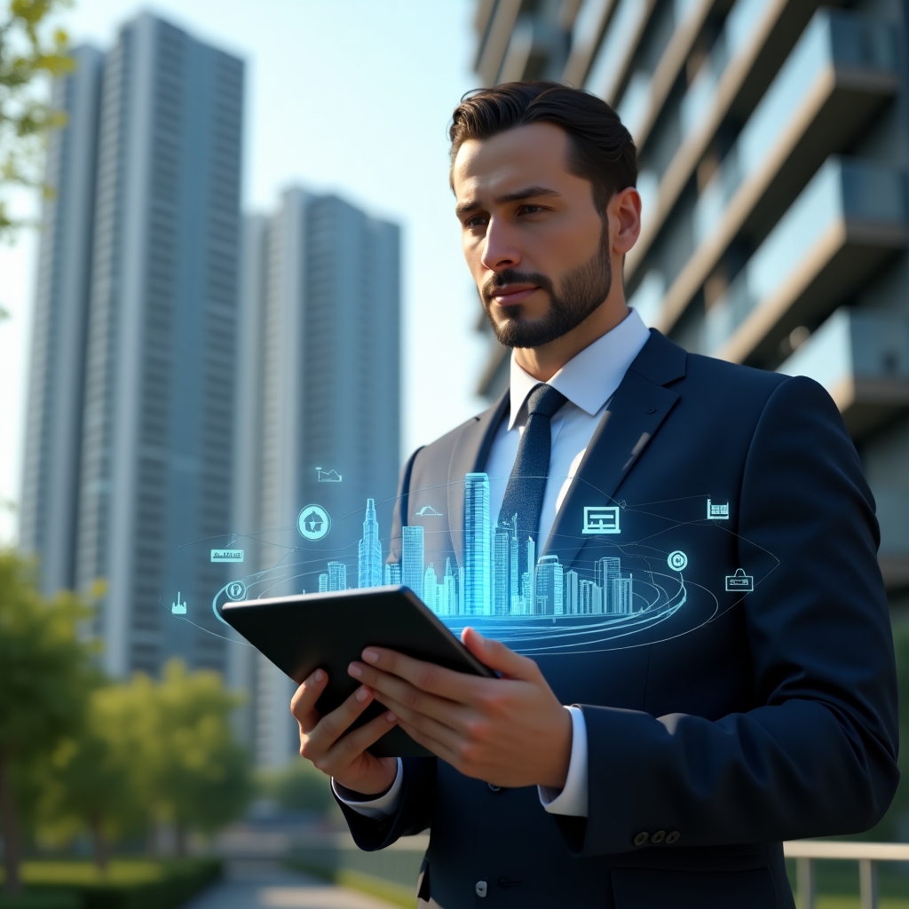 Ultra-realistic property manager in a navy blue suit, set in a modern luxury condominium environment with high-rise buildings and green landscaping, confidently analyzing a floating holographic dashboard of building statistics on a digital tablet—icons for security, communication, reservations, and maintenance orbiting around, cinematic lighting, shallow depth of field, highly detailed textures, realistic skin, photographic realism, 8k resolution --ar 1:1 --v 6