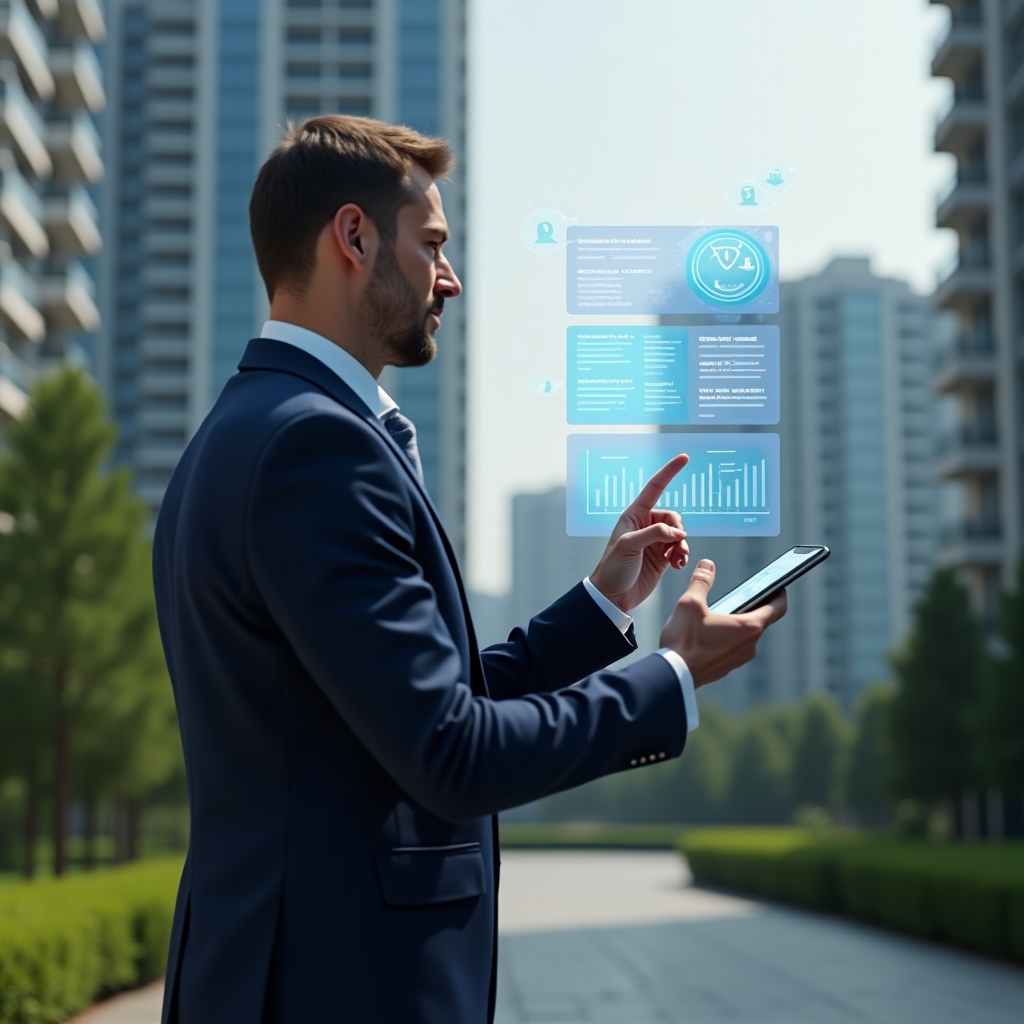 (Ultra-realistic condominium manager in a tailored navy blue executive suit, set in a modern luxury condominium environment with high-rise buildings and manicured green landscaping, confidently tapping on a floating holographic condominium management app interface displaying maintenance schedules, resident messages, and analytics charts, medium shot, cinematic lighting, shallow depth of field, highly detailed textures, realistic skin, photographic realism, 8k resolution --ar 1:1 --v 6)