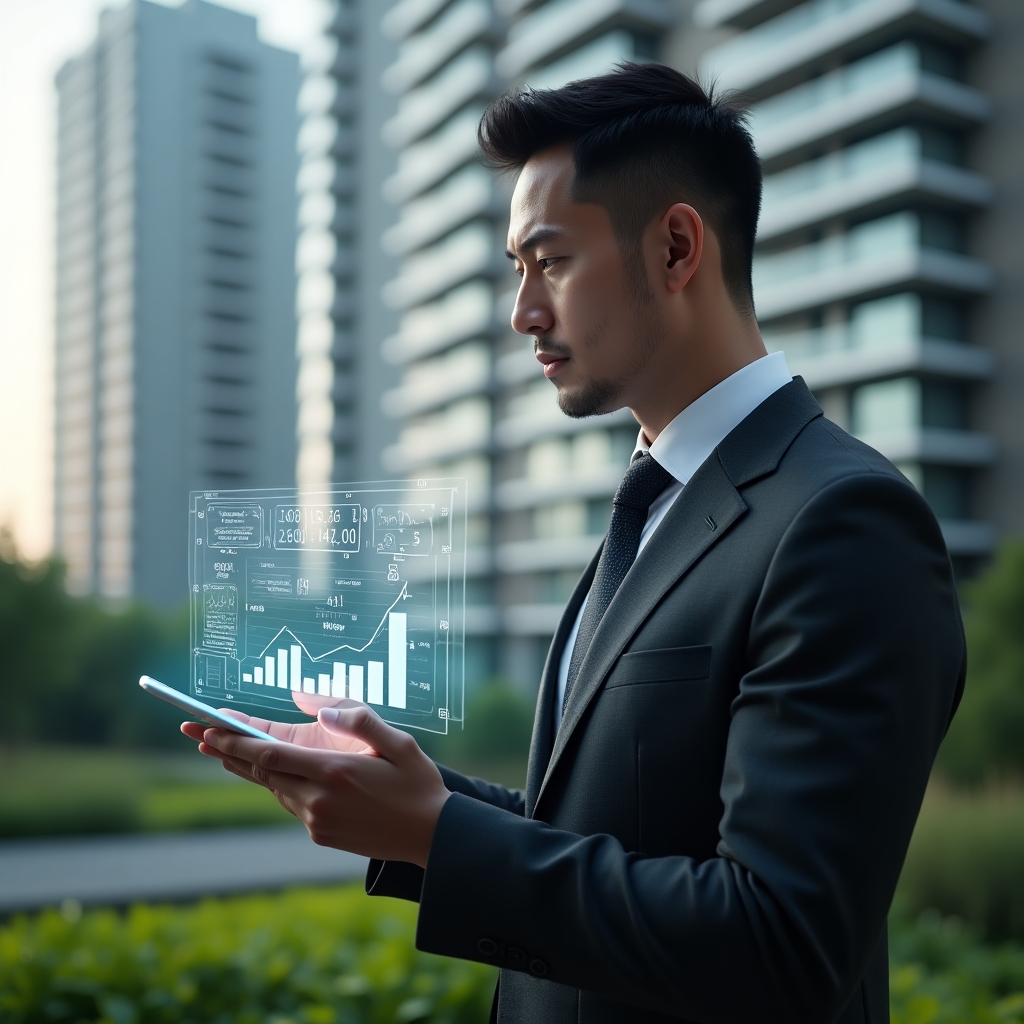 Ultra-realistic condominium manager in a dark gray executive suit, set in a modern luxury condominium environment with high-rise buildings and manicured green landscaping in the background, holding a transparent tablet displaying floating holographic management icons and financial graphs, analyzing digital dashboards with a focused, confident expression, cinematic lighting, shallow depth of field, highly detailed textures, realistic skin, photographic realism, 8k resolution --ar 1:1 --v 6