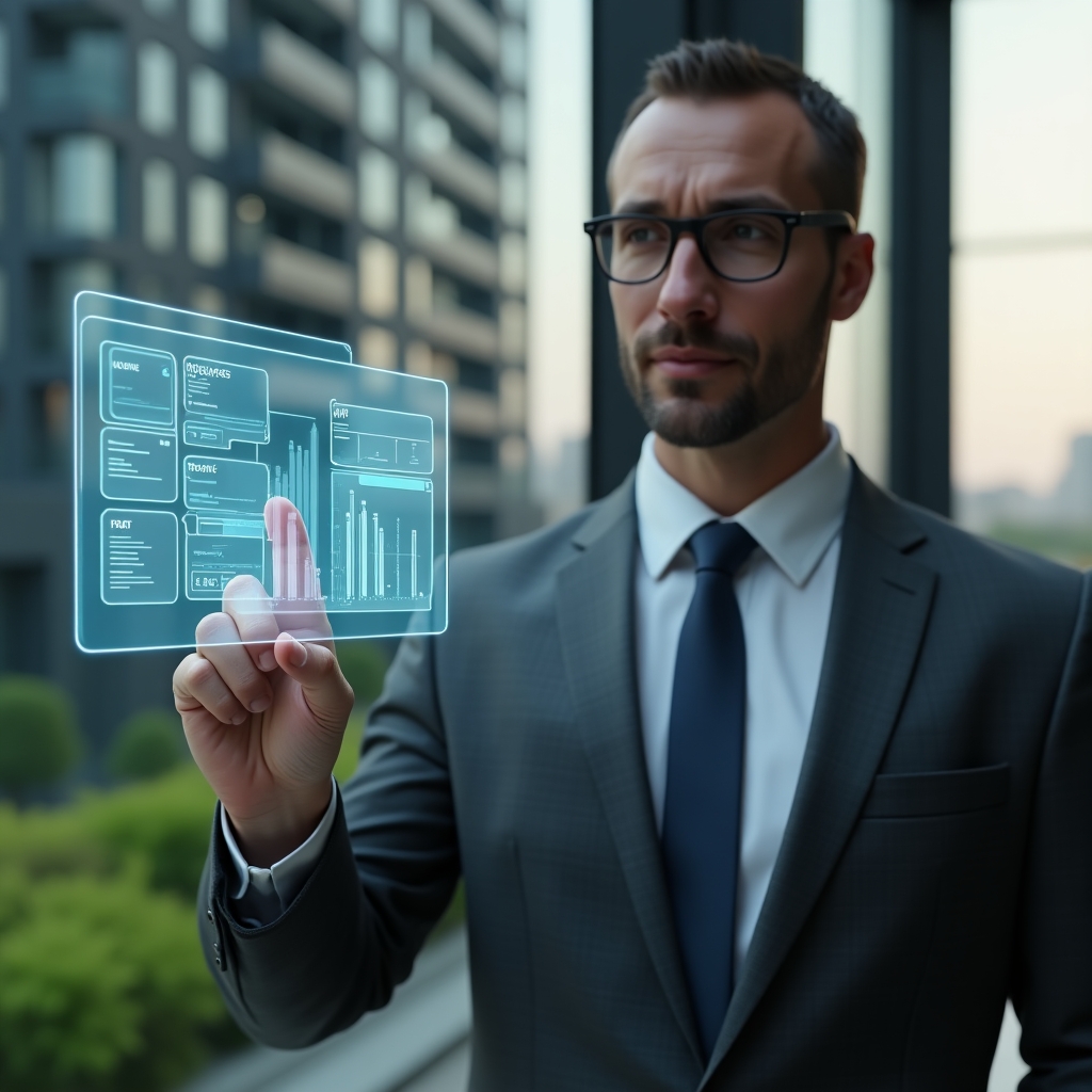 (Ultra-realistic condominium manager in a tailored charcoal gray suit, set in a modern luxury condominium environment with high-rise buildings and lush green landscaping, mid-shot close-up with shallow depth of field, confidently interacting with a semi-transparent holographic dashboard displaying message bubbles, calendar slots and financial graphs symbolizing an **aplicativo para condomínio**, cinematic lighting, highly detailed textures, realistic skin, photographic realism, 8k resolution --ar 1:1 --v 6)