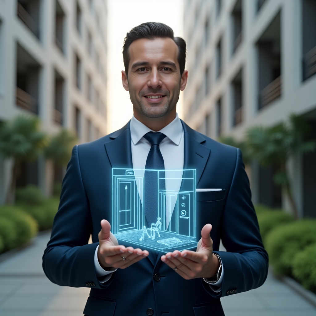 Ultra-realistic condominium manager in a tailored navy blue suit, set in a modern luxury condominium environment with high-rise buildings and lush green landscaping, presenting a holographic display of accessible adaptations including a ramp, Braille elevator panel, and tactile flooring, confident expression, cinematic lighting, shallow depth of field, highly detailed textures, realistic skin, photographic realism, 8k resolution --ar 1:1 --v 6