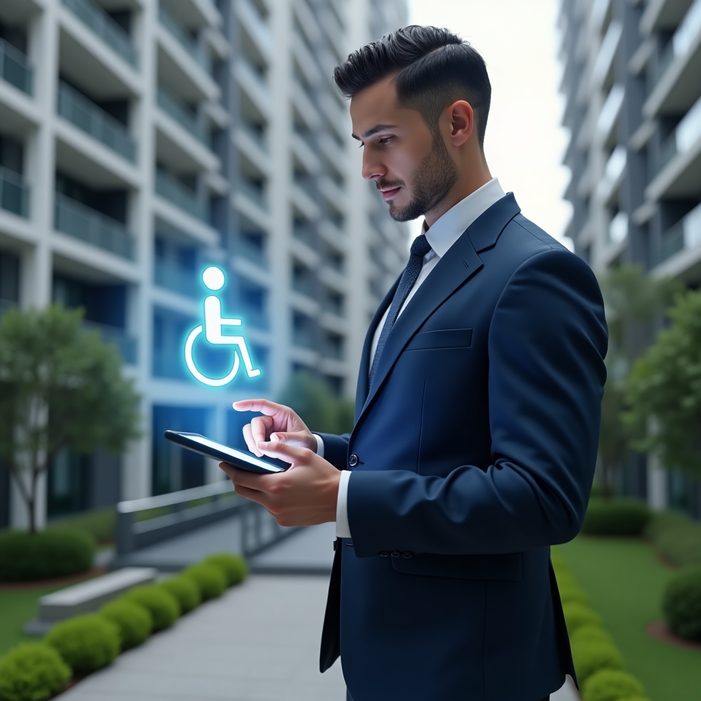 (Ultra-realistic condominium manager in a sleek navy blue business suit, set in a modern luxury condominium environment with high-rise buildings and manicured green landscaping, examining an accessible ramp and pointing at a holographic wheelchair accessibility icon projected from a digital tablet, confident expression, cinematic lighting, shallow depth of field, highly detailed textures, realistic skin, photographic realism, 8k resolution --ar 1:1 --v 6)