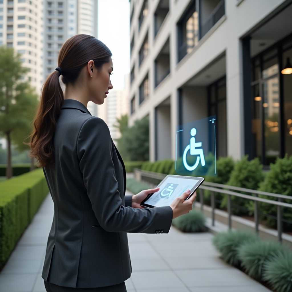 Ultra-realistic condominium manager in a charcoal grey suit, set in a modern luxury condominium environment with high-rise buildings and manicured green landscaping, examining a digital tablet showing accessibility improvements as she points toward a sleek wheelchair ramp, with a glowing universal access icon hologram beside her, cinematic lighting, shallow depth of field, highly detailed textures, realistic skin, photographic realism, 8k resolution --ar 1:1 --v 6