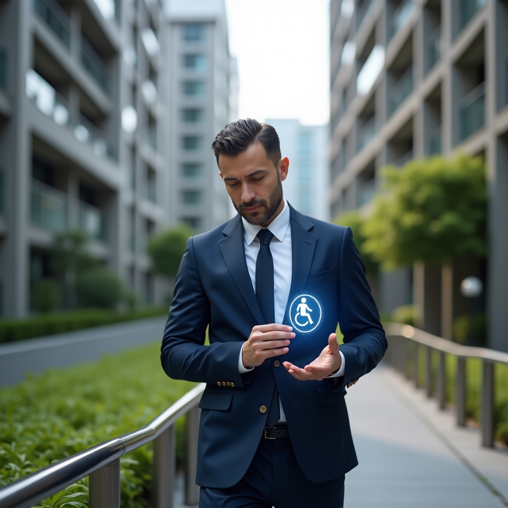 (Ultra-realistic condominium manager in a tailored navy blue suit, set in a modern luxury condominium environment with high-rise buildings and lush green landscaping, inspecting an intelligent access ramp with tactile paving, holding a holographic accessibility icon, confident and thoughtful expression, cinematic lighting, shallow depth of field, highly detailed textures, realistic skin, photographic realism, 8k resolution --ar 1:1 --v 6)