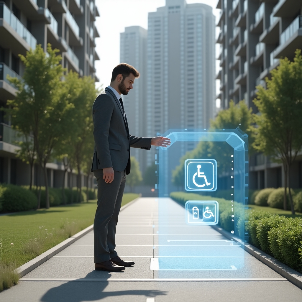 (Ultra-realistic condominium manager in a tailored grey suit, set in a modern luxury condominium environment with high-rise buildings and manicured green landscaping, examining a newly installed ramp while interacting with a floating holographic tactile paving icon and wheelchair accessibility symbols, conveying confidence and inclusivity, cinematic lighting, shallow depth of field, highly detailed textures, realistic skin, photographic realism, 8k resolution --ar 1:1 --v 6)
