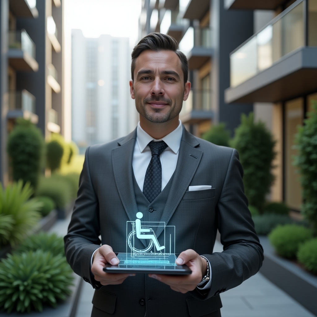 (Ultra-realistic condominium manager in a charcoal grey tailored suit, set in a modern luxury condominium environment with high-rise buildings and lush green landscaping, holding a tablet displaying a holographic wheelchair icon and floor ramp blueprint, confident and thoughtful expression, cinematic lighting, shallow depth of field, highly detailed textures, realistic skin, photographic realism, 8k resolution --ar 1:1 --v 6)
