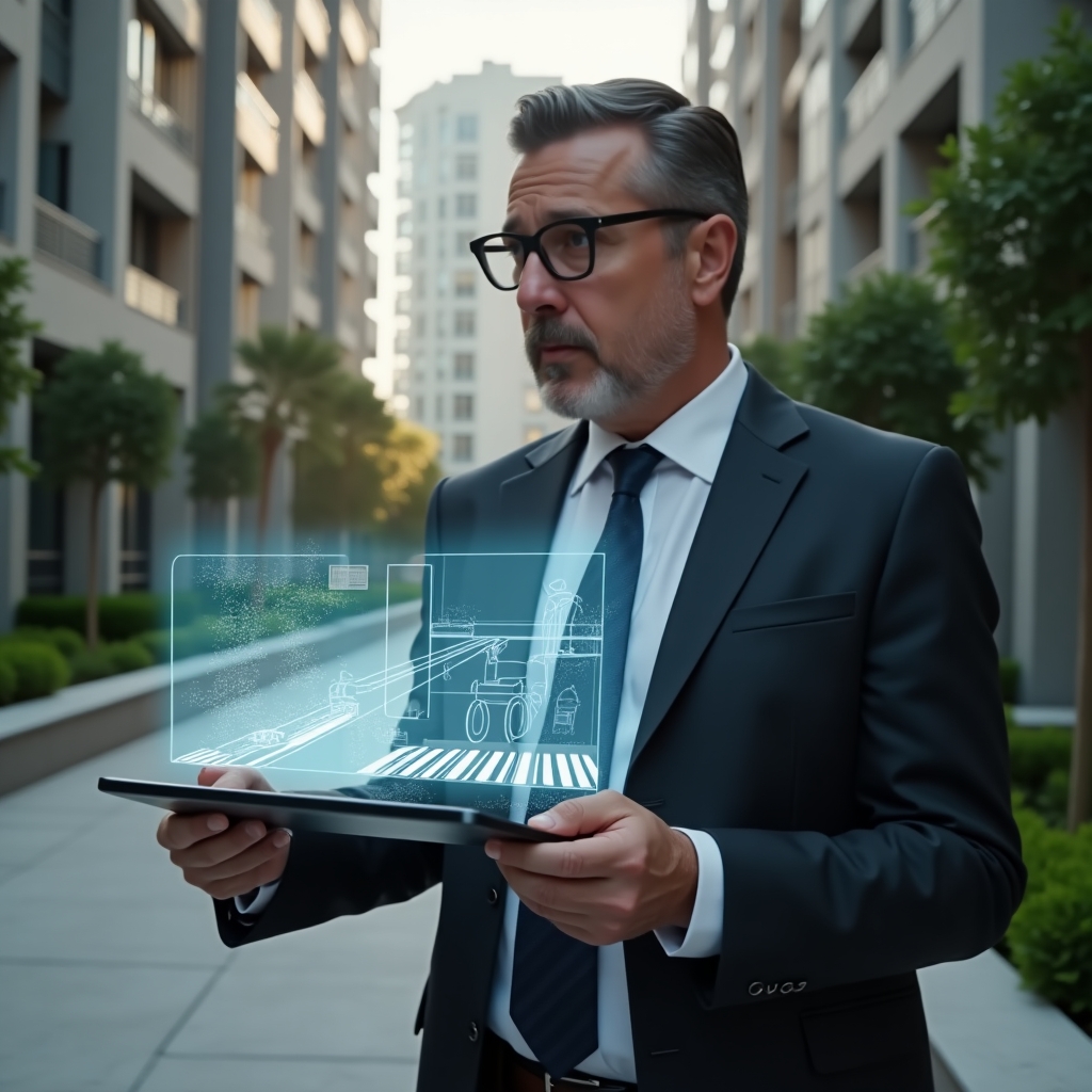 (Ultra-realistic condominium manager in a tailored charcoal suit, set in a modern luxury condominium environment with high-rise buildings and manicured green landscaping, holding a tablet displaying a holographic ramp and braille signage while thoughtfully reviewing accessibility plans, cinematic lighting, shallow depth of field, highly detailed textures, realistic skin, photographic realism, 8k resolution --ar 1:1 --v 6)
