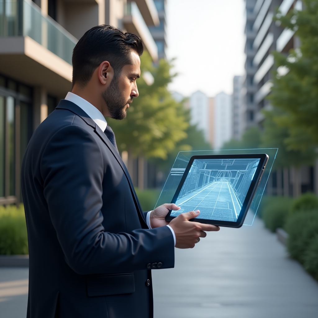Ultra-realistic condominium manager in a tailored navy suit, set in a modern luxury condominium environment with high-rise buildings and lush green landscaping, reviewing a holographic blueprint of an accessible ramp on a digital tablet while standing next to a newly built ramp, confident and thoughtful expression, cinematic lighting, shallow depth of field, highly detailed textures, realistic skin, photographic realism, 8k resolution --ar 1:1 --v 6