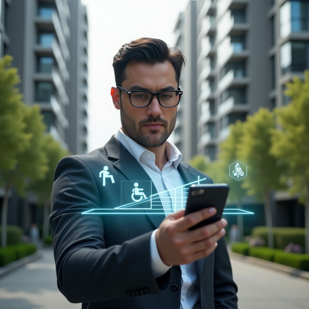 (Ultra-realistic condominium manager in a charcoal business suit and white shirt, set in a modern luxury condominium environment with high-rise buildings and manicured green landscaping, holding a smartphone projecting a holographic accessibility app interface with wheelchair and ramp icons, confident and thoughtful expression, cinematic lighting, shallow depth of field, highly detailed textures, realistic skin, photographic realism, 8k resolution --ar 1:1 --v 6)