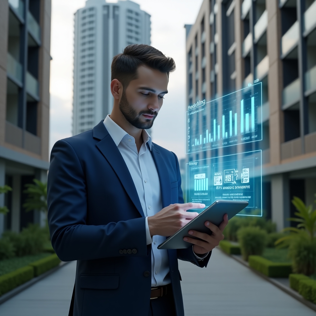 (Ultra-realistic condominium manager in a navy blue tailored suit, set in a modern luxury condominium environment with high-rise buildings and green landscaping, mid shot holding a tablet and interacting with a floating holographic dashboard of an **aplicativo de gestão** showing financial charts and resident icons, confident and focused expression, cinematic lighting, shallow depth of field, highly detailed textures, realistic skin, photographic realism, 8k resolution --ar 1:1 --v 6)