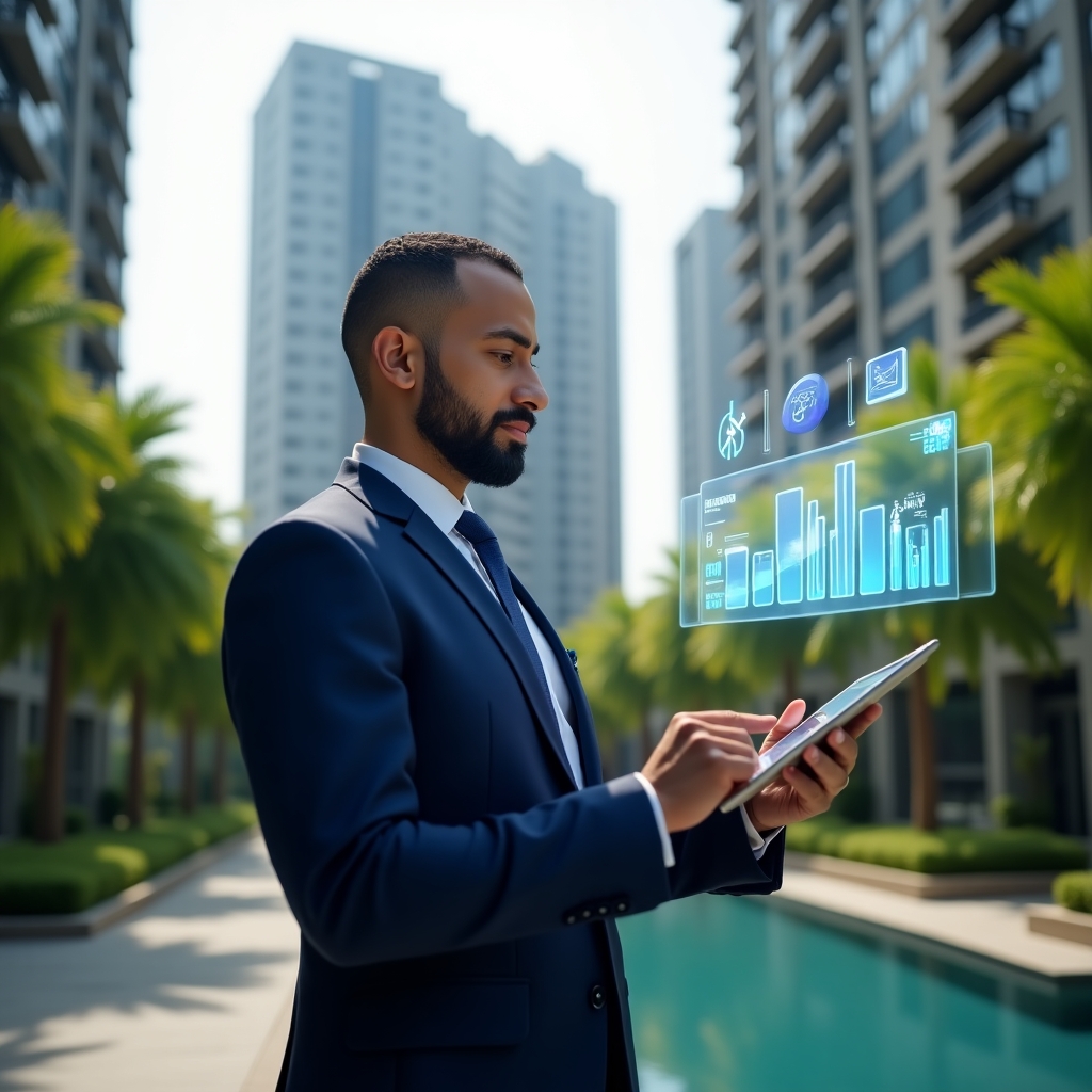 (Ultra-realistic condominium property manager in a navy blue tailored suit, set in a modern luxury condominium environment with high-rise buildings and lush green landscaping, holding a digital tablet and confidently interacting with a holographic condominium management app interface showing icons and charts, cinematic lighting, shallow depth of field, highly detailed textures, realistic skin, photographic realism, 8k resolution --ar 1:1 --v 6)