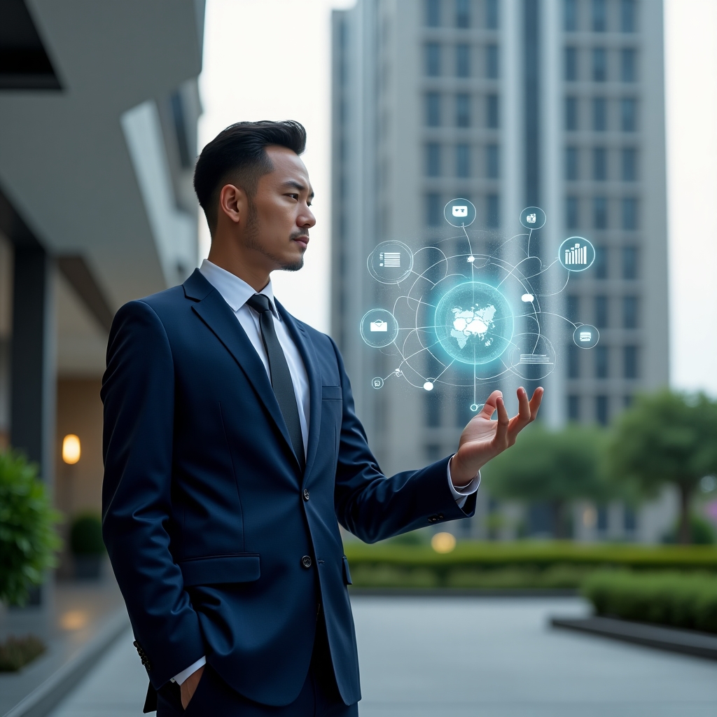 Ultra-realistic professional condominium manager in a tailored navy blue suit, set in a modern luxury condominium environment with high-rise buildings and manicured green landscaping, confidently interacting with a transparent holographic interface displaying financial charts, communication bubbles and digital network icons symbolizing innovation, cinematic lighting, shallow depth of field, highly detailed textures, realistic skin, photographic realism, 8k resolution --ar 1:1 --v 6