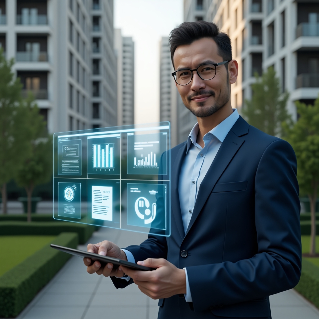 (Ultra-realistic condominium manager in a navy blue tailored suit, set in a modern luxury condominium environment with high-rise buildings and manicured green landscaping, holding a holographic digital dashboard displaying maintenance schedules and financial charts, confident and thoughtful expression, floating holographic icons of documents and checklists, cinematic lighting, shallow depth of field, highly detailed textures, realistic skin, photographic realism, 8k resolution --ar 1:1 --v 6)