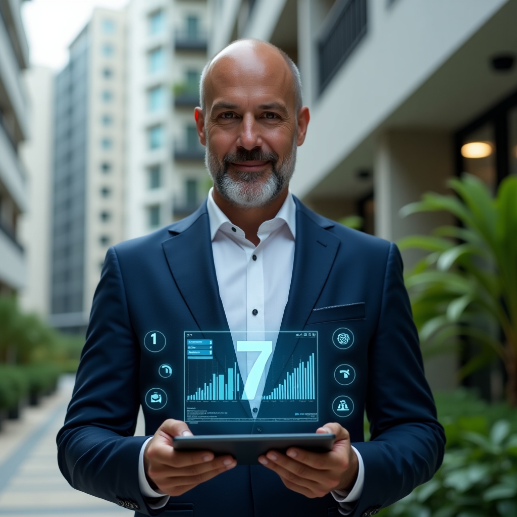 (Ultra-realistic condominium manager in a tailored navy blue suit, set in a modern luxury condominium environment with high-rise buildings and lush green landscaping, medium shot holding a tablet displaying a holographic dashboard with floating numbers 1–7, confident and focused expression, holographic icons of apps and graphs around, cinematic lighting, shallow depth of field, highly detailed textures, realistic skin, photographic realism, 8k resolution --ar 1:1 --v 6)