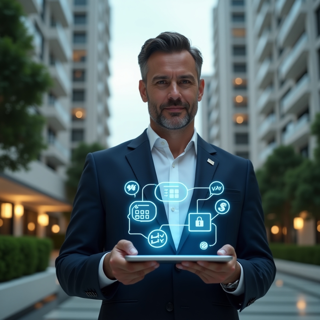 Ultra-realistic condominium manager in a tailored navy suit, set in a modern luxury condominium environment with high-rise buildings and lush green landscaping, medium shot of the manager holding a tablet that projects holographic icons of calendars, chat bubbles, and financial charts symbolizing an innovative condominium management app, confident and focused expression, cinematic lighting, shallow depth of field, highly detailed textures, realistic skin, photographic realism, 8k resolution --ar 1:1 --v 6