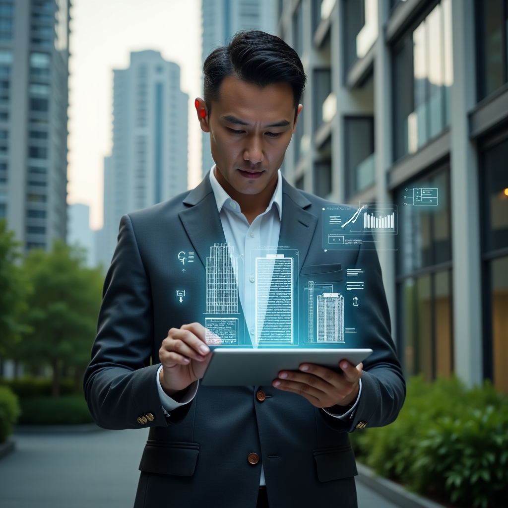 Ultra-realistic condominium property manager in a dark gray tailored suit, set in a modern luxury condominium environment with high‐rise buildings and lush green landscaping, mid-shot of the manager confidently interacting with a transparent holographic app interface projecting building floor plans and analytic charts above a tablet, with floating apartment unit icons and checklist symbols representing efficient management, cinematic lighting, shallow depth of field, highly detailed textures, realistic skin, photographic realism, 8k resolution --ar 1:1 --v 6