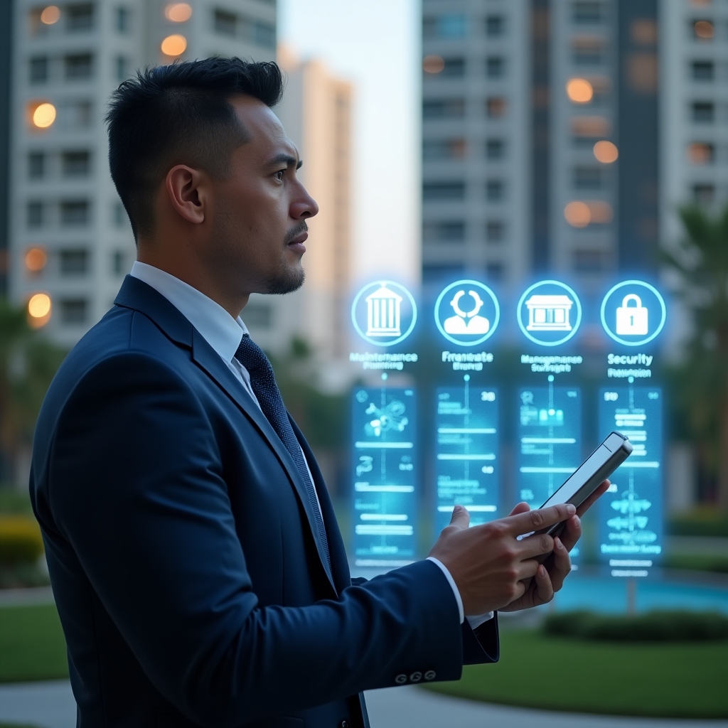 (Ultra-realistic condominium manager in a dark blue tailored suit, set in a modern luxury condominium environment with high-rise buildings and green landscaping, reviewing a digital tablet with holographic infographics showing management metrics, standing confidently in front of five glowing translucent pillars each topped with an icon representing maintenance, finance, security, communication, and sustainability, confident and focused expression, cinematic lighting, shallow depth of field, highly detailed textures, realistic skin, photographic realism, 8k resolution --ar 1:1 --v 6)