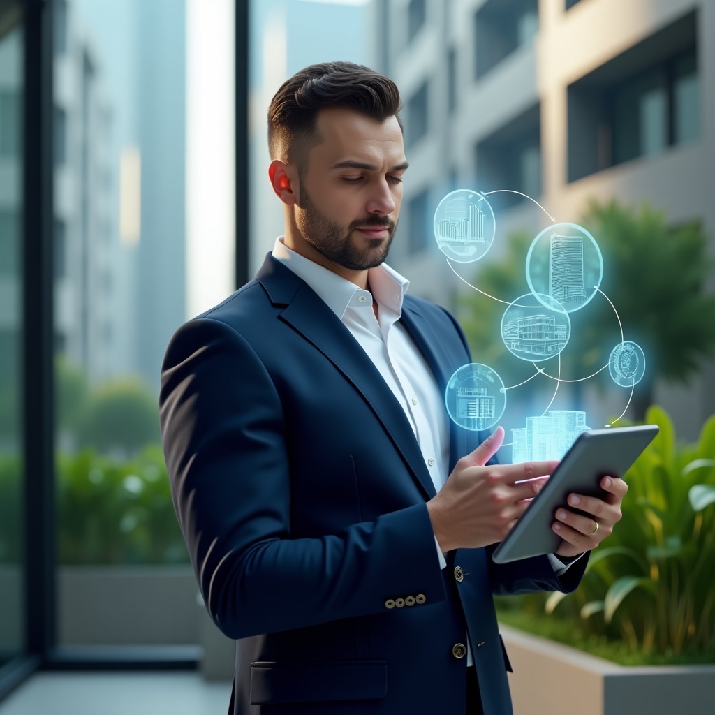 Ultra-realistic condominium manager in a navy blue tailored suit, set in a modern luxury condominium environment with high-rise buildings and lush green landscaping, holding a tablet displaying a sleek condominium management app interface, surrounded by floating holographic icons of charts and building layouts symbolizing efficient operations, cinematic lighting, shallow depth of field, highly detailed textures, realistic skin, photographic realism, 8k resolution --ar 1:1 --v 6
